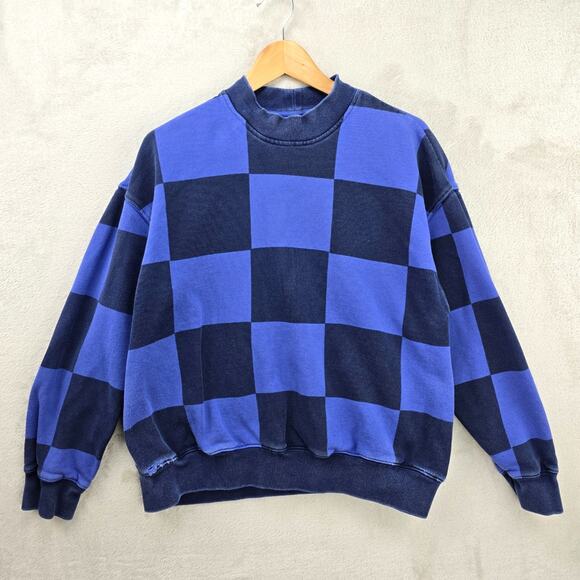 Stussy Crewneck Sweatshirt Womens XS Blue Blur Checker Streetwear Surf Skate Vtg - Picture 1 of 10